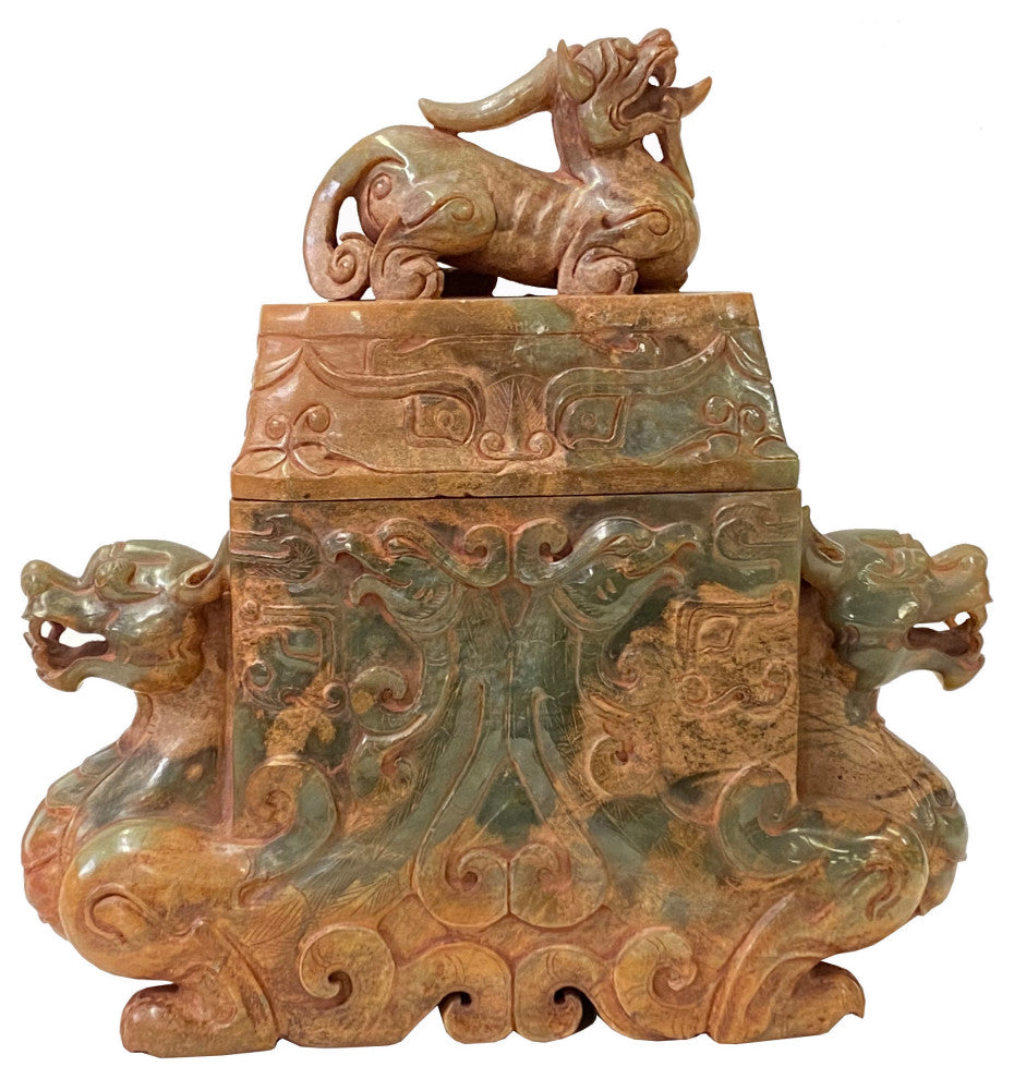 Chinese Stone Carved Tan Green Rectangular Pixiu Incense Burner Display Hws3150