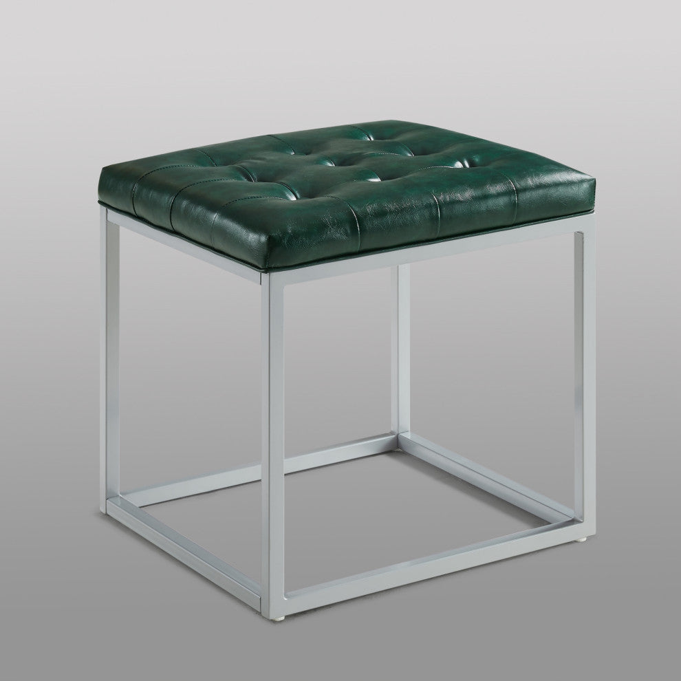 Teresa PU Leather Button Tufted Metal Frame Cube Ottoman, Green
