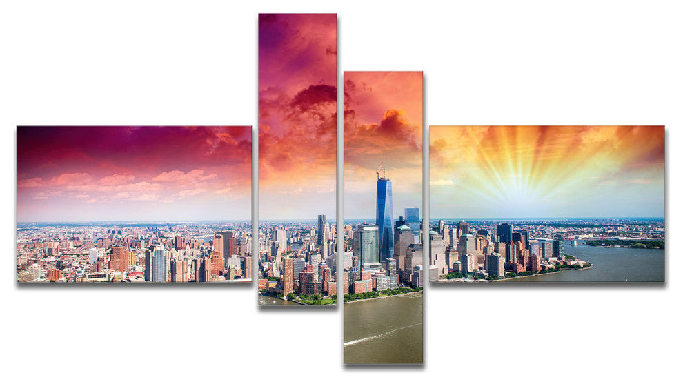 Colorful New York Skyline Aerial View, Cityscape Canvas Print, 60"x32", 4 panels