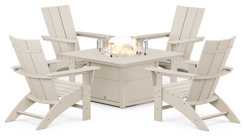 Modern Curveback Adirondack 5-Piece Set With Fire Pit Table, Sand