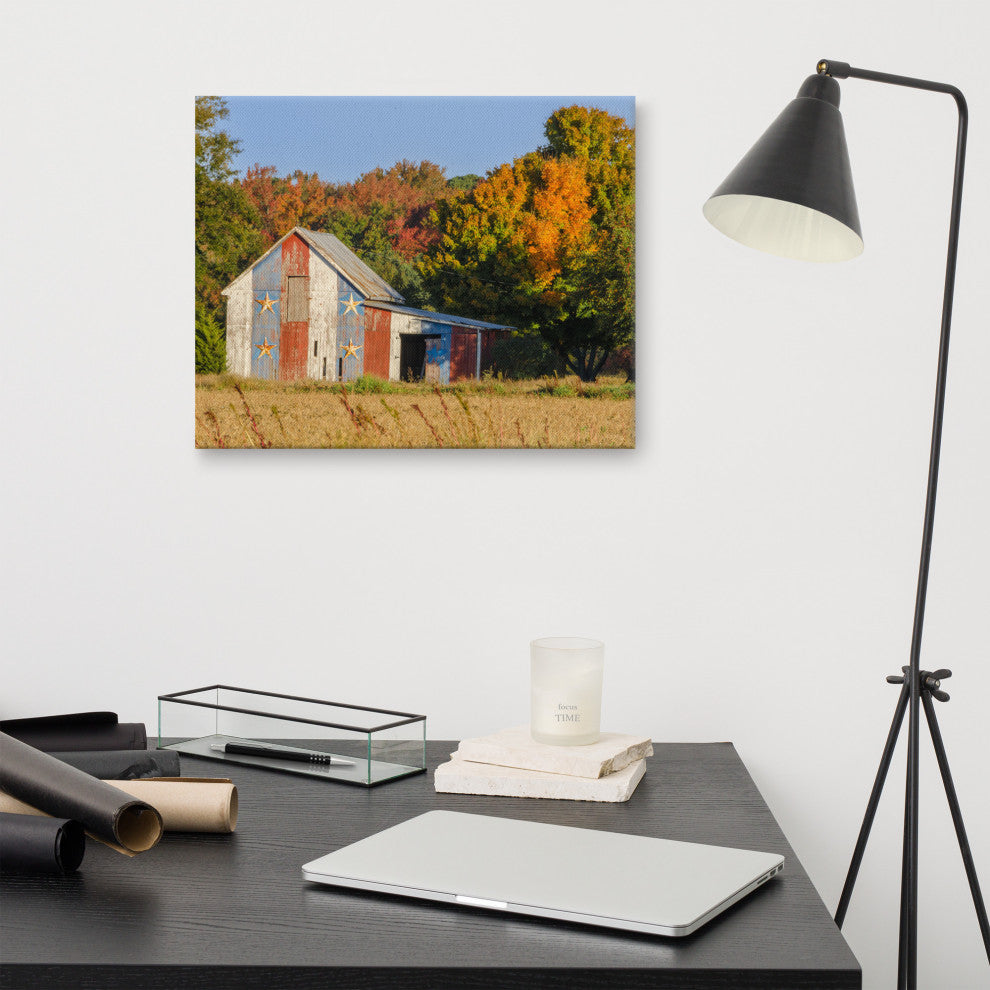 Patriotic Barn in Field Traditional Rural Canvas Wall Art Print, 16" X 20"