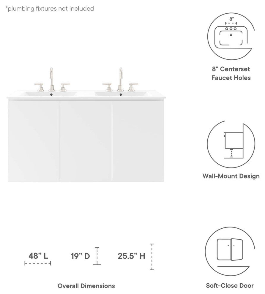 Double Sink Vanity Cabinet, Wall Mount, White, Ceramic, Modern, Hotel Bathroom