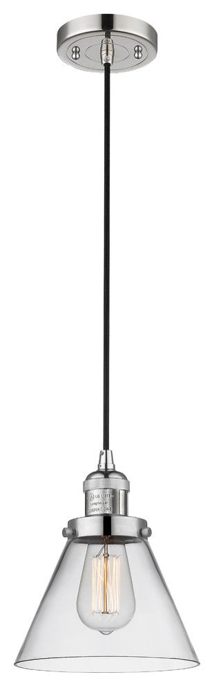 1-Light Large Cone 8" Pendant, Polished Nickel, Glass: Clear