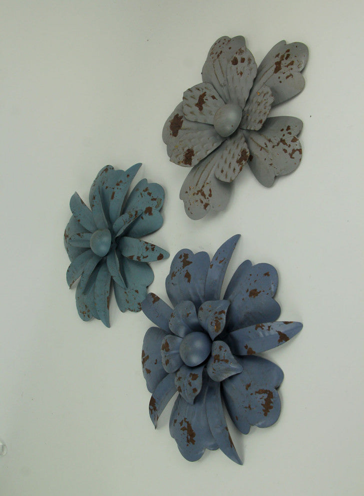 Vintage Blue and Grey Metal Wall Art Flower Decor Hanging Sculptures Set of 3