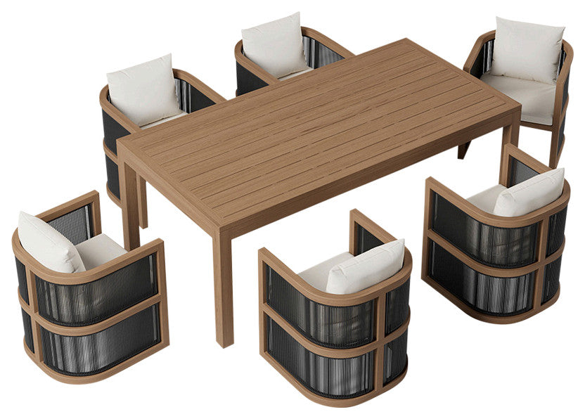 7 Pieces Outdoor Dining Set For 6 with Rectangle Table & Rope Woven Armchair