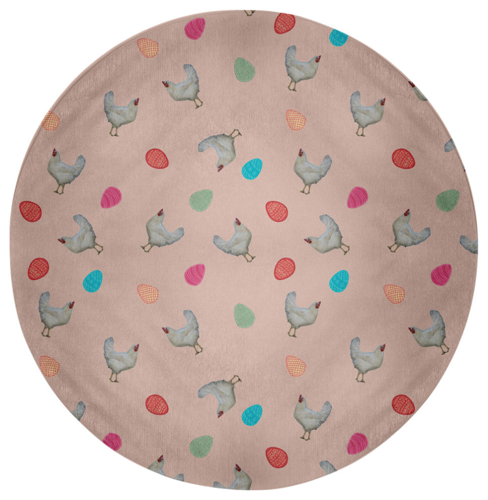 Chickens and Eggs Easter Chenille Rug, Sunwashed Red, 5' Round