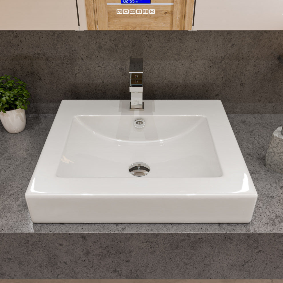 Abc701 White 24" Rectangular Semi Recessed Ceramic Sink With Faucet Hole
