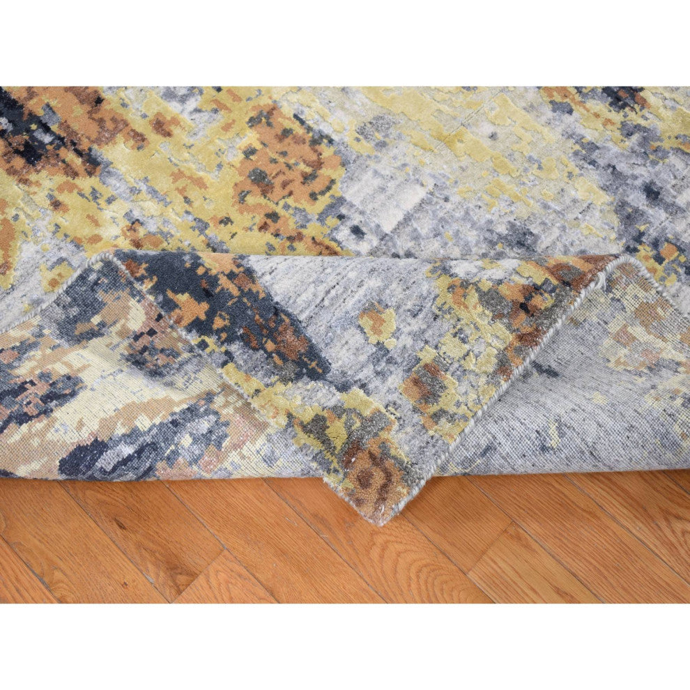 Sea Blue With Brown Fossil Design Wool and Silk Hand Knotted Rug, 10'x14'