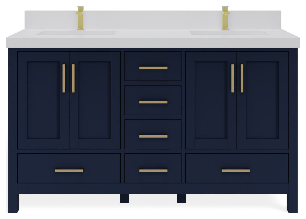 Preston Bath Vanity, Blue, 60", White Quartz Top, Double, Freestanding