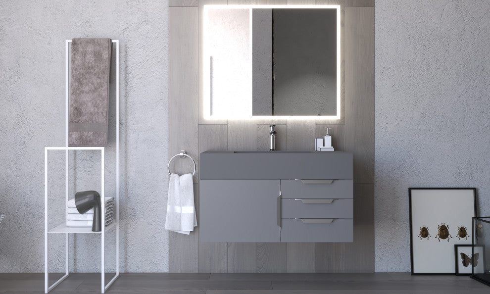 CastelloUSA Nile 36" Wall Mounted Vanity Set, Gray, Gray Top, Chrome Handles