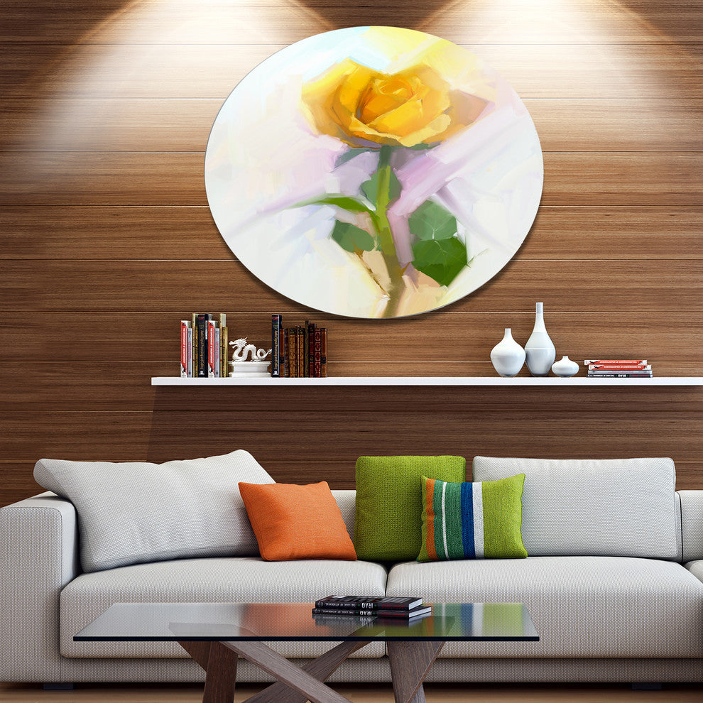 Rose With Green Leaves Painting, Floral Disc Metal Artwork, 11"