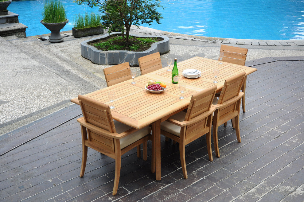 7-Piece Outdoor Teak Dining Set: 94" Rectangle Table, 6 Alps Stacking Arm Chairs
