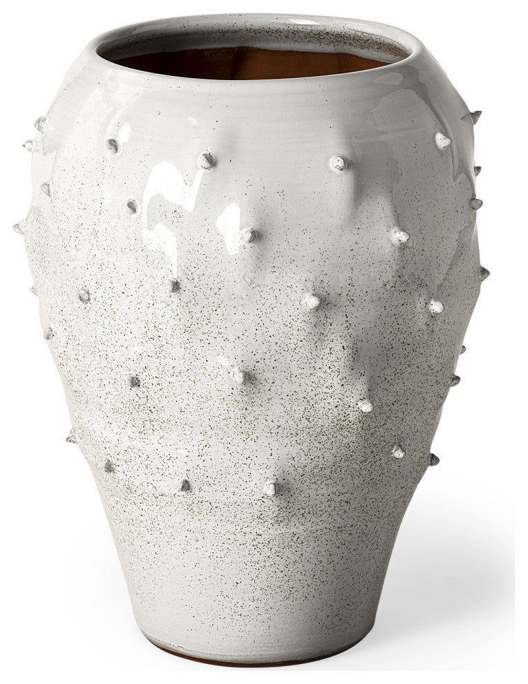14' White Spiked Organic Glaze Large Mouth Ceramic Vase