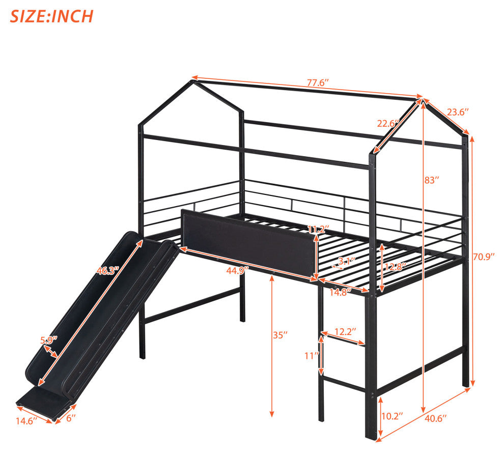 Gewnee Metal Twin House Bed Loft Bed With Slide and Ladder