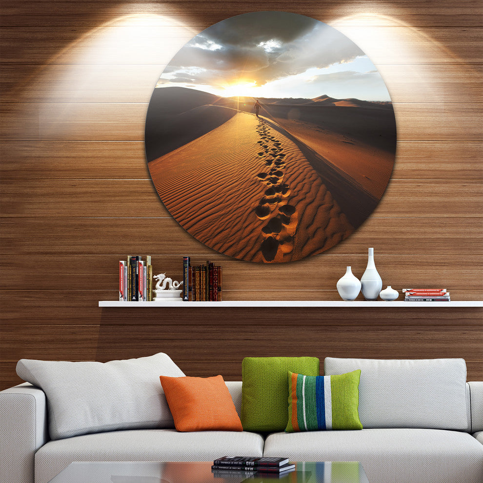 Hiking Path In Desert At Sunset, Modern Landscape Round Wall Art, 23"