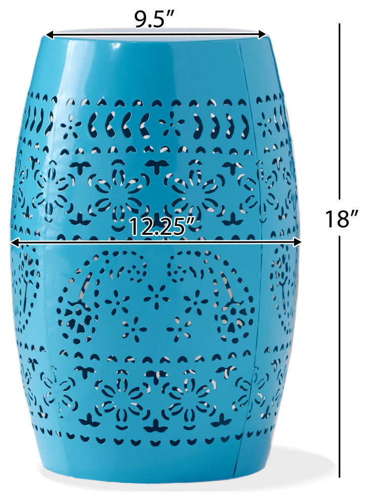 GDF Studio Riley Outdoor 12" Lace Cut Iron Side Table, Blue