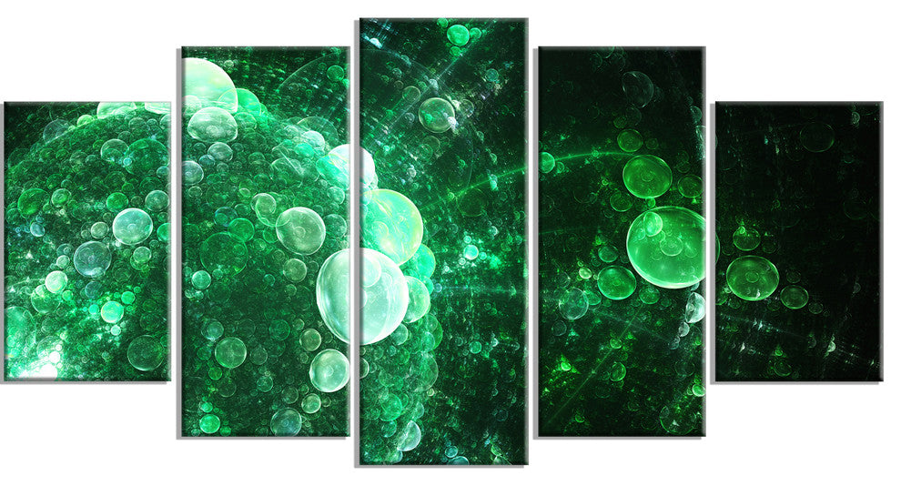 Green Spherical Water Droplets, Large Floral Canvas Art Print, 60"x32", 5 Panels