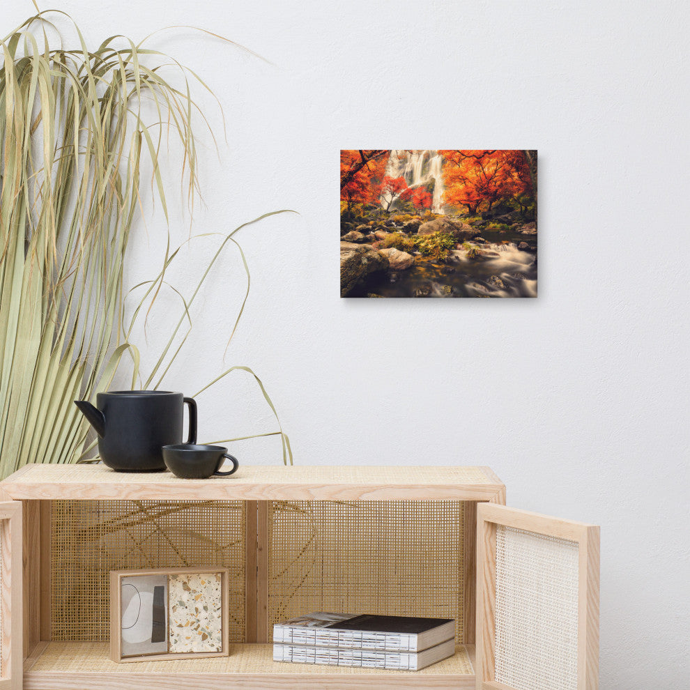 Waterfall in the Autumn Golden Shadow Effect Landscape Photo Canvas Art Print, 12" X 16"