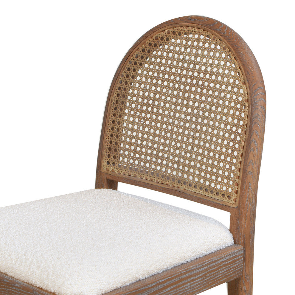 Panama Curved Back Cane Rattan Stool, Set of 2, Ivory White Boucle, 26.5" Counter Height