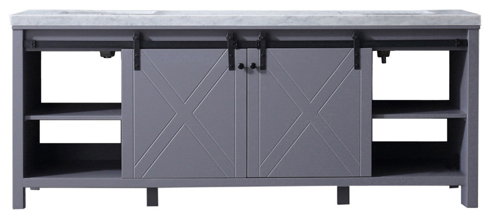 Marsyas 84" Dark Gray Double Vanity, White Marble Top, White Sinks, No Mirror