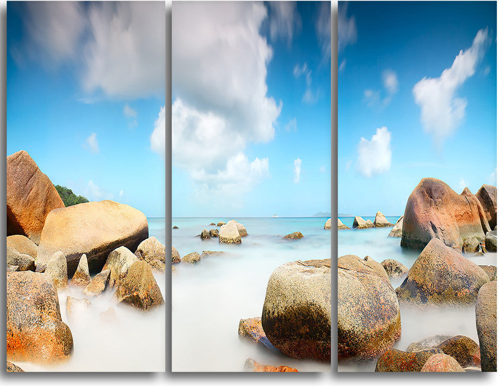 "Rocky Blue Seashore Panorama" Metal Wall Landscape, 3 Panels, 36"x28"