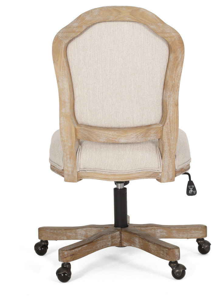 Oakes Upholstered Swivel Office Chair, Beige + Natural, 100% Polyester + Rubber Wood + Iron