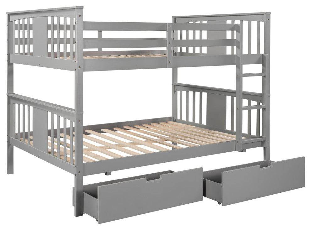 Gewnee Wood Full over Full Bunk Bed with Drawers and Ladder in Gray