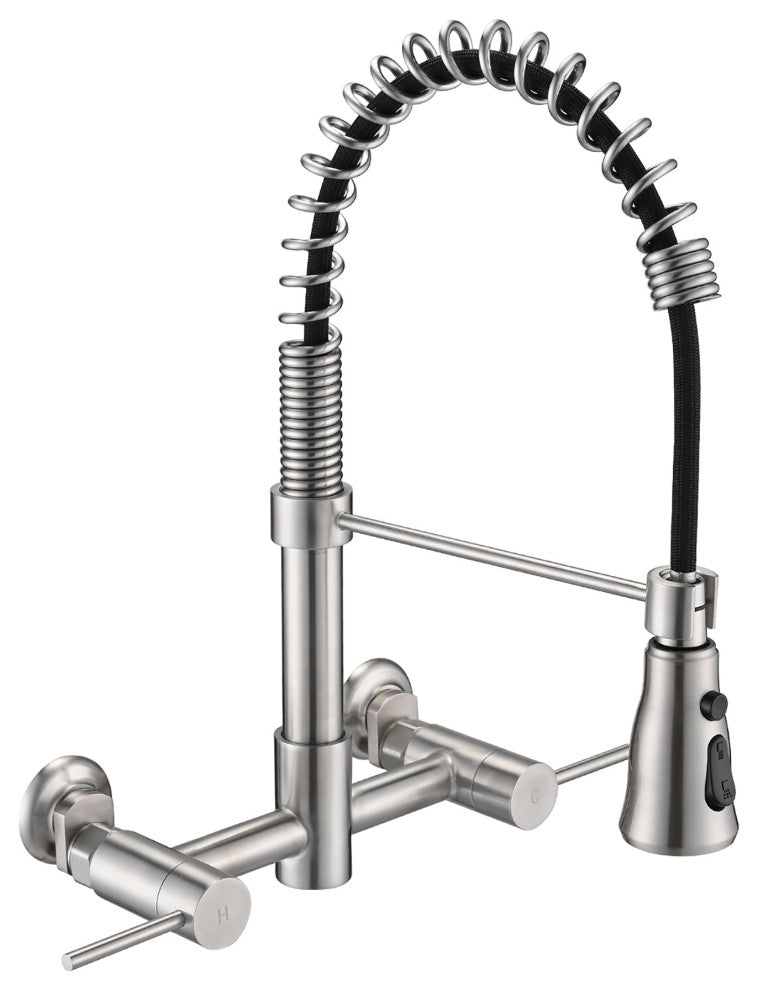 Double Handle Wall Mounted Spring Neck Bridge Kitchen Faucet, Brushed Nickel