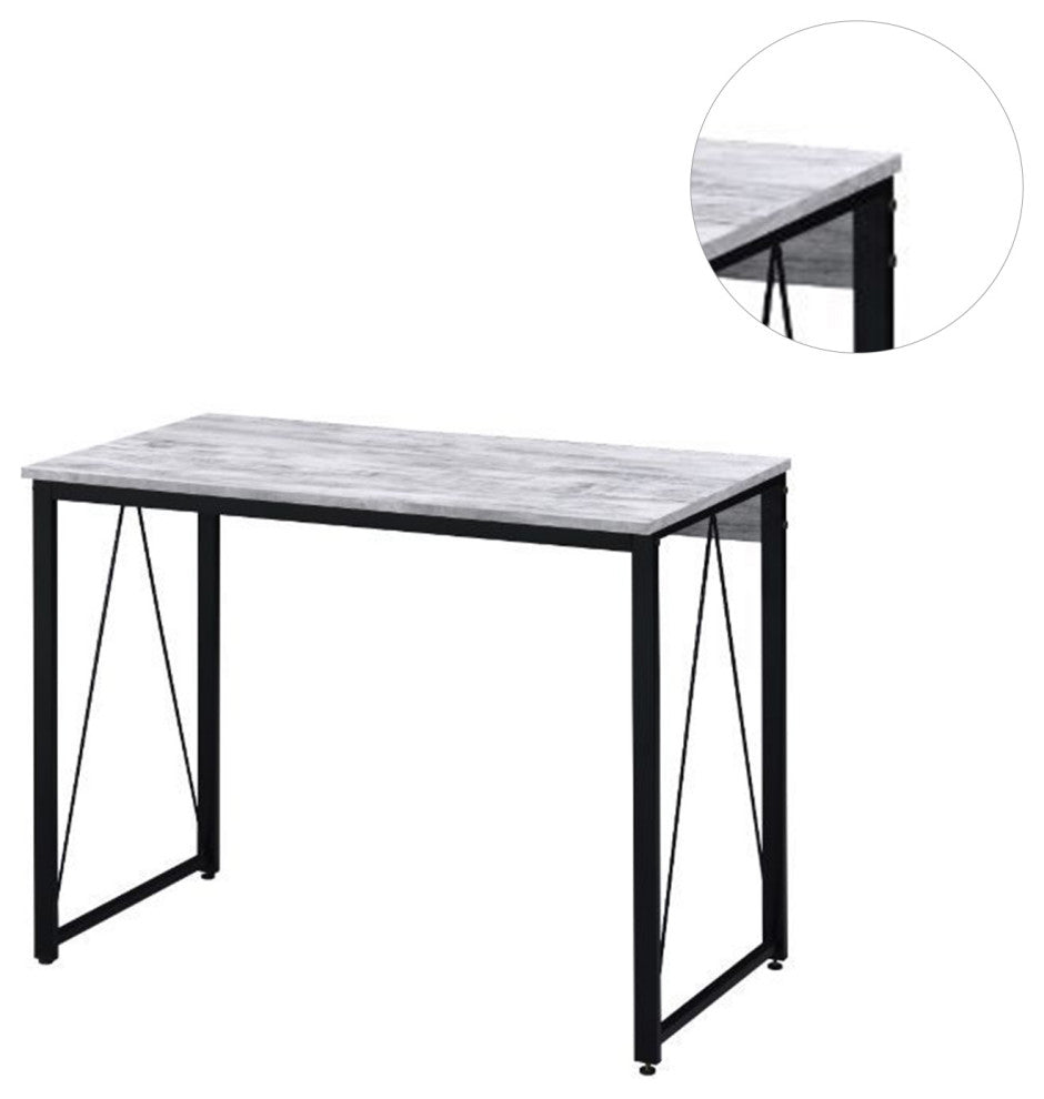 Wooden Writing Desk With Metal Frame, Antique White and Black Finish