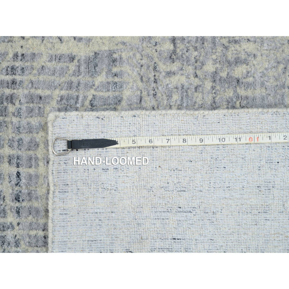 Gray, Jacquard Hand Loomed, Wool and Plant Based Silk, Runner, Rug, 2'6" x 12'0"