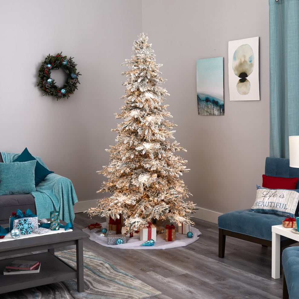 7.5' Flocked Grand Northern Rocky Fir Faux Xmas Tree W/Lights, Bendable Branches