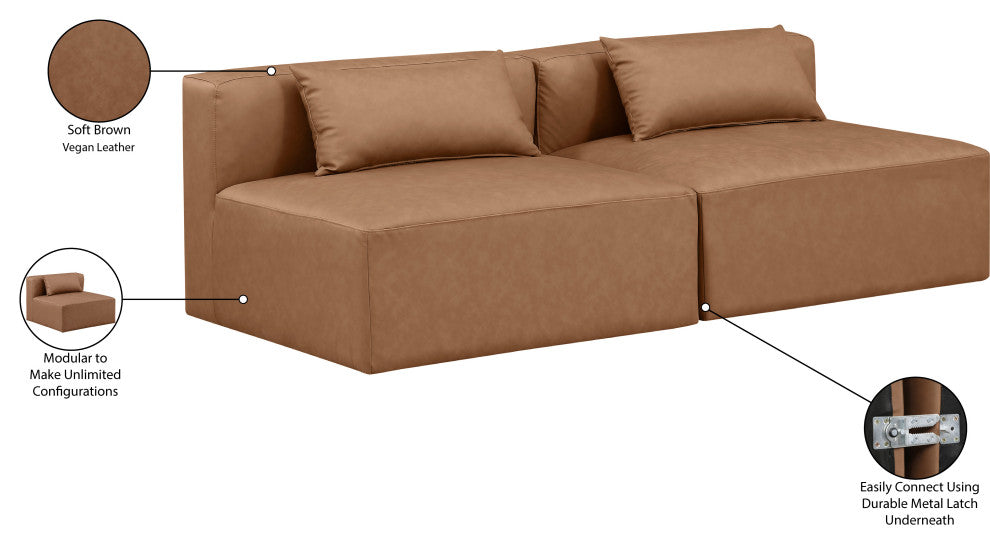 Cube Upholstered Modular Sofa, Brown, 2-Piece: 2 Armless Chair, Vegan Leather