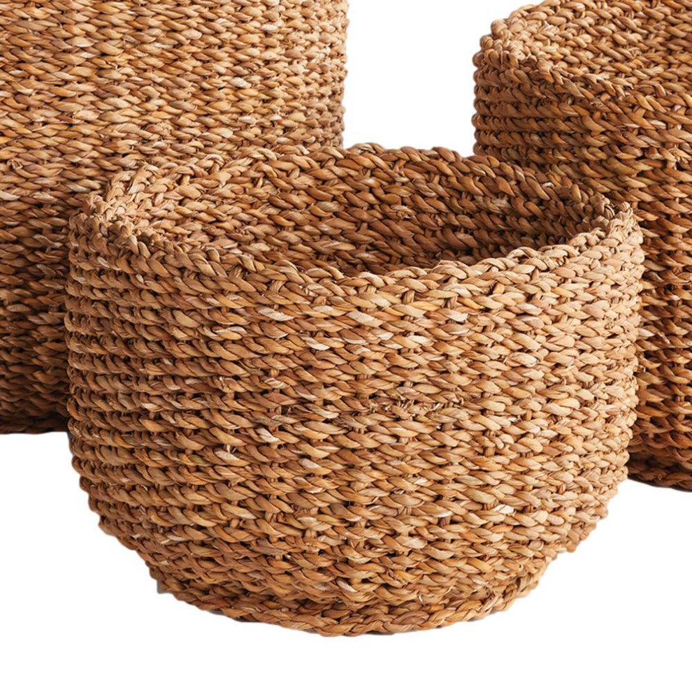 Set of 3 Woven Sea Grass Storage Baskets Cylinder 18 15 12 in Natural Spa Towel
