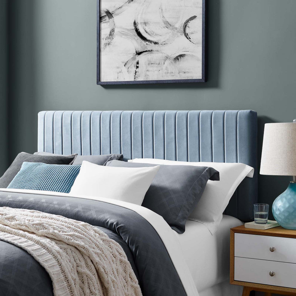 Contemporary Modern Full and Queen Size Headbaord, Velvet Fabric, Light Blue