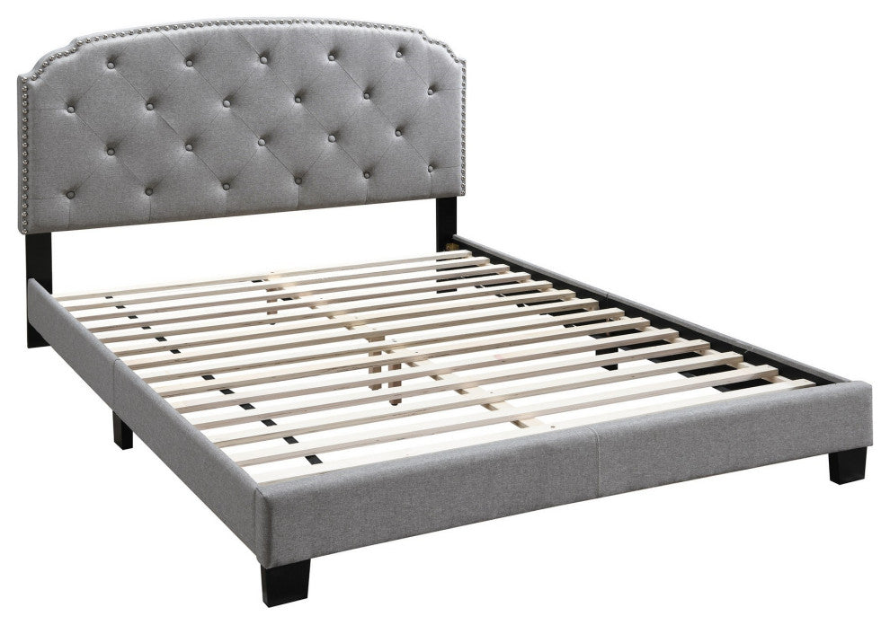 Benzara BM232033 Queen Bed With Button Tufted Scalloped Headboard, Light Gray