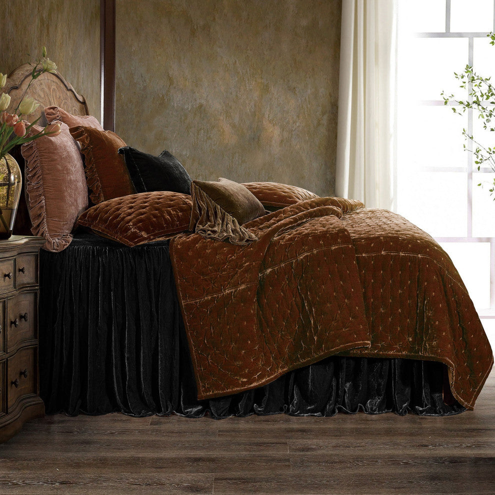 Stella Faux Silk Velvet Bedspread Set, 3PC, Black, Twin