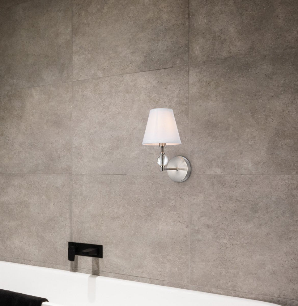 Beau 1-Light Bath Sconce, Satin Nickel With White Fabric Shade