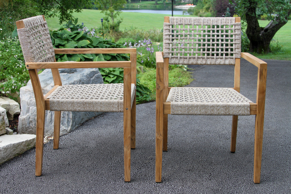 4 Person Round Teak and Composite Dining Table With Stacking Rope Chairs