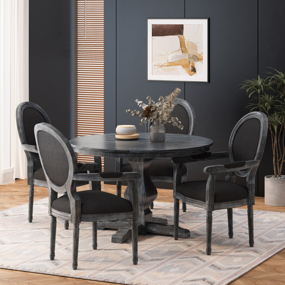 Bryan French Country Fabric Upholstered Wood 5-Piece Circular Dining Set, Gray/Black