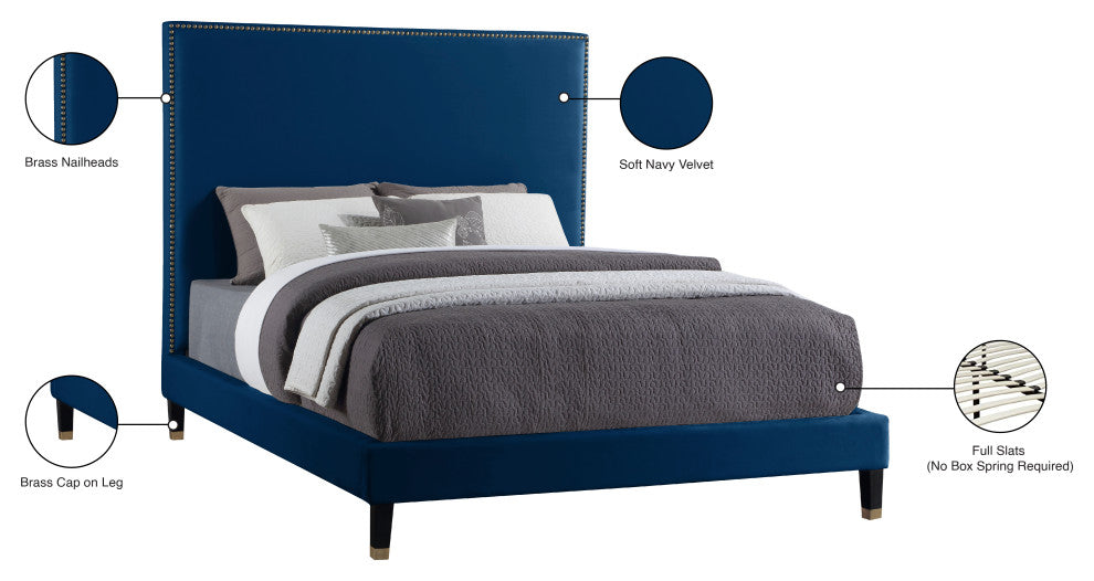 Harlie Velvet Upholstered Bed, Navy, Queen