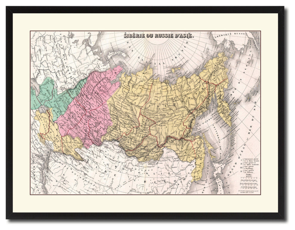 Russia, Siberia Vintage Map Print On Canvas With Picture Frame 28" X 37"