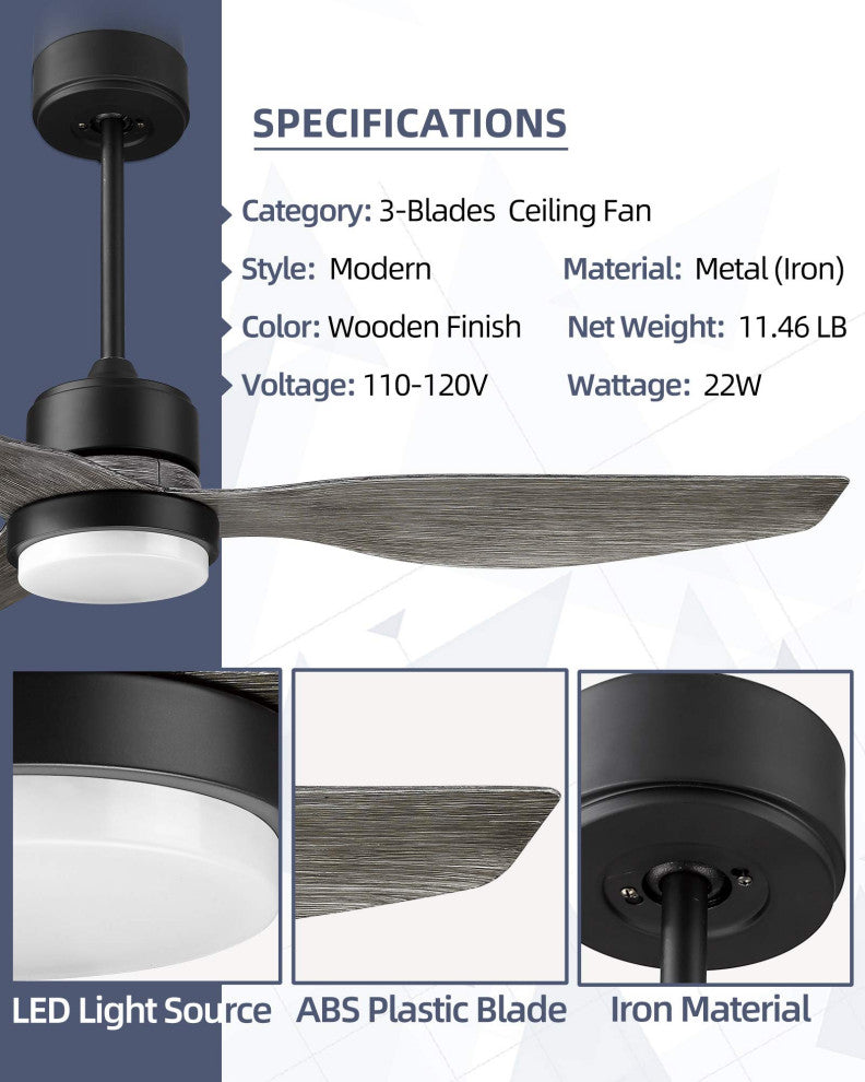 52'' 3 - Blade LED Propeller Ceiling Fan with Remote Control and Light Kit, Wood