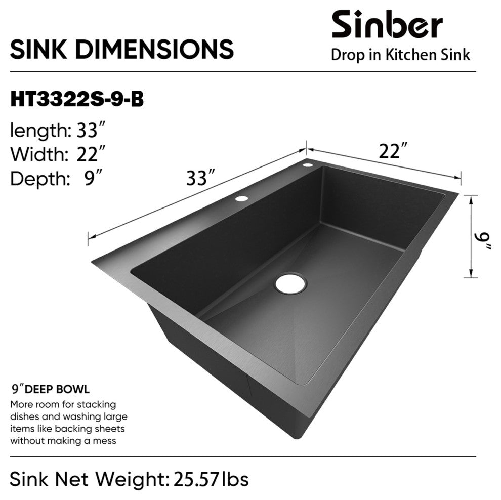 Sinber Single Bowl Kitchen Sink with 304 Stainless Steel Black Finish, 33"x22", Drop-in