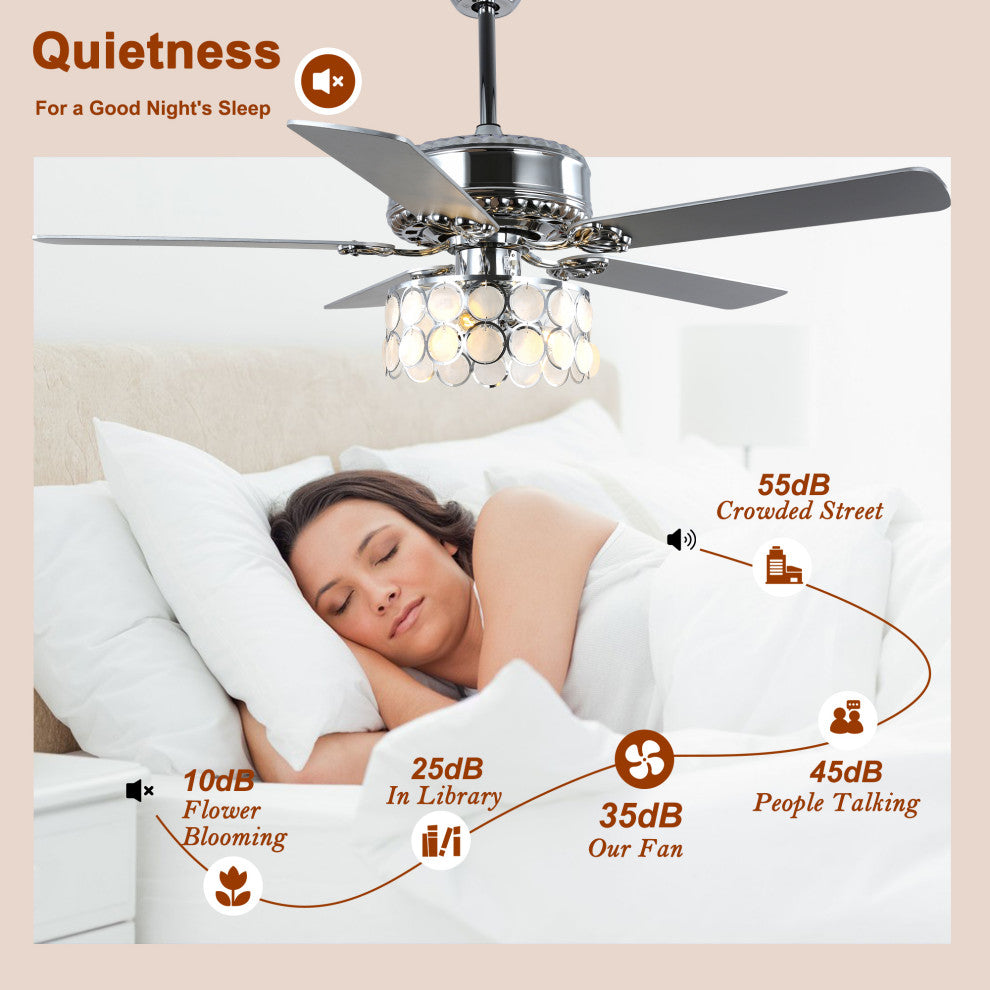 CurveCurio 52" Large Chrome Seashell Shade Ceiling Fan w 3 Light Quiet DC Motor