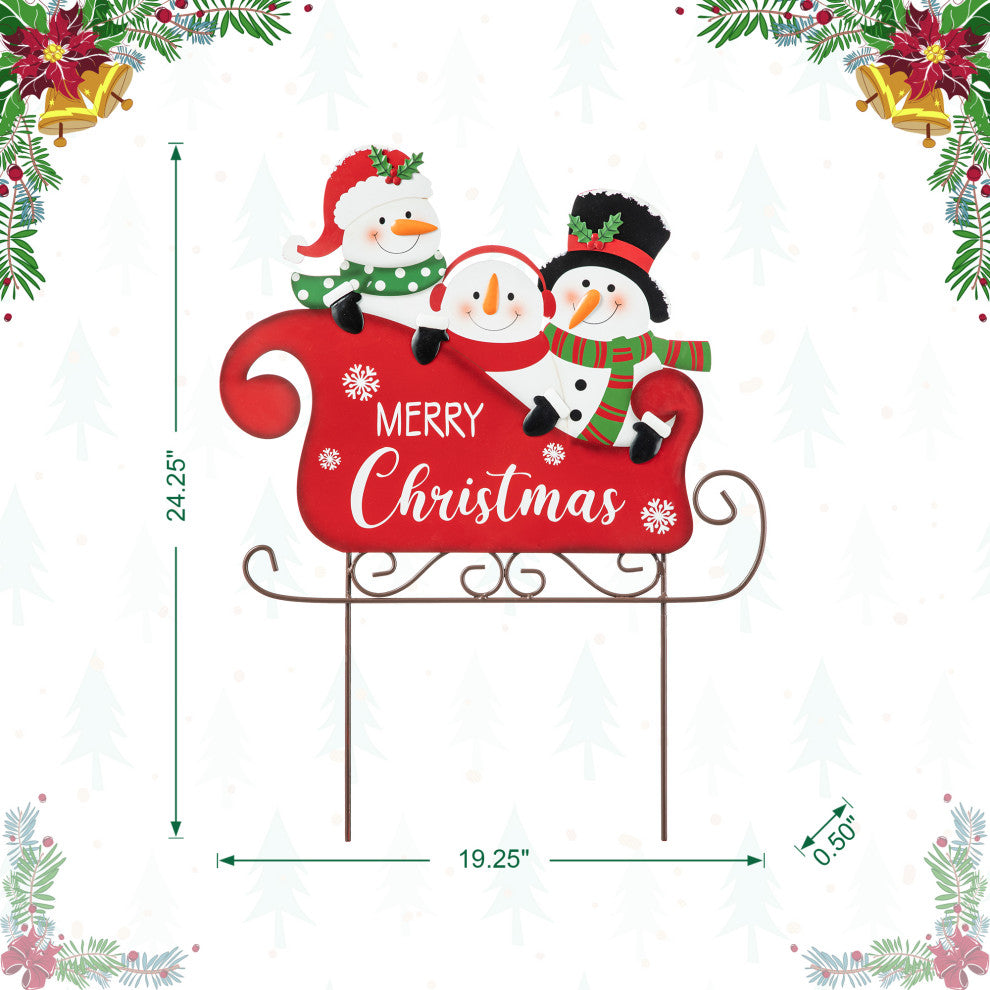 24"H Metal Snowmen Riding Sleigh Yard Stake