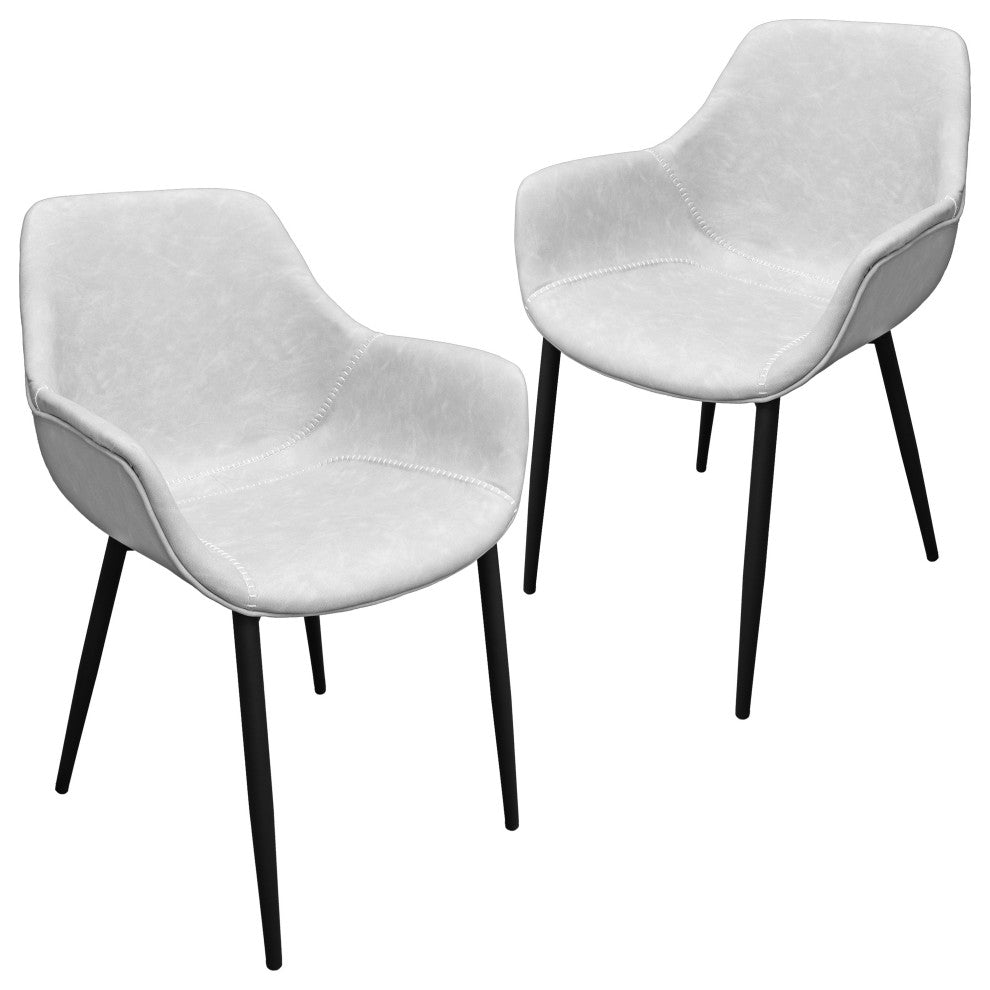 LeisureMod Markley Leather Dining Armchair Metal Legs Set of 2, Light Gray