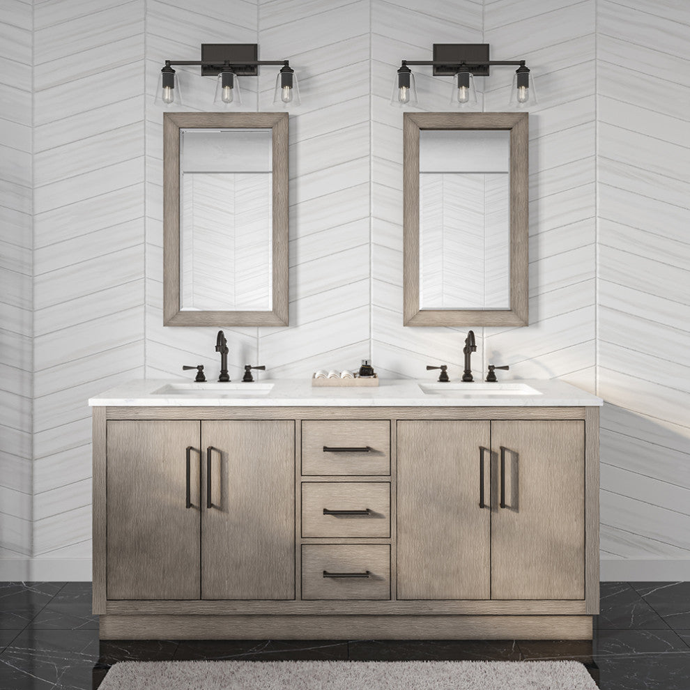 Hugo Carrara White Marble Countertop Bathroom Vanity in Grey Oak, Bronze Handle, 72", Vanity With Hook Faucet