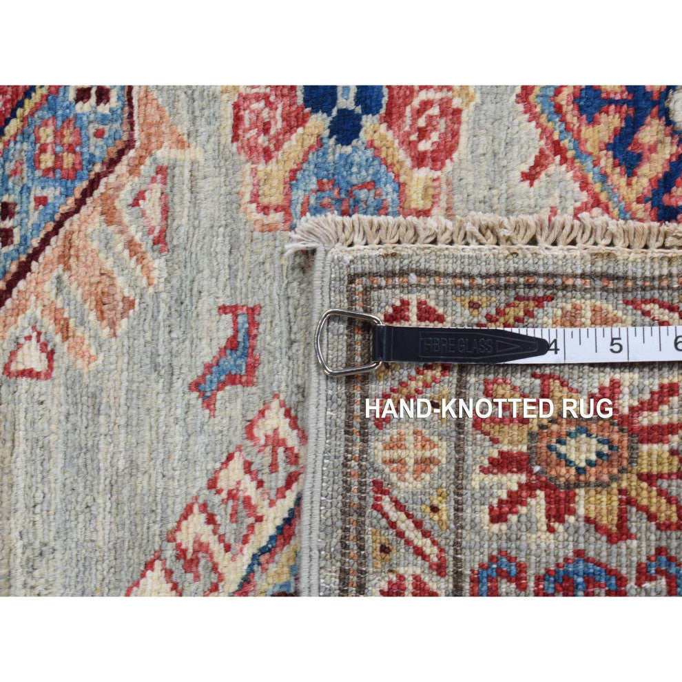 Light Gray Afghan Super Kazak Geometric Design Hand Knotted Wool Rug 2'10"x8'