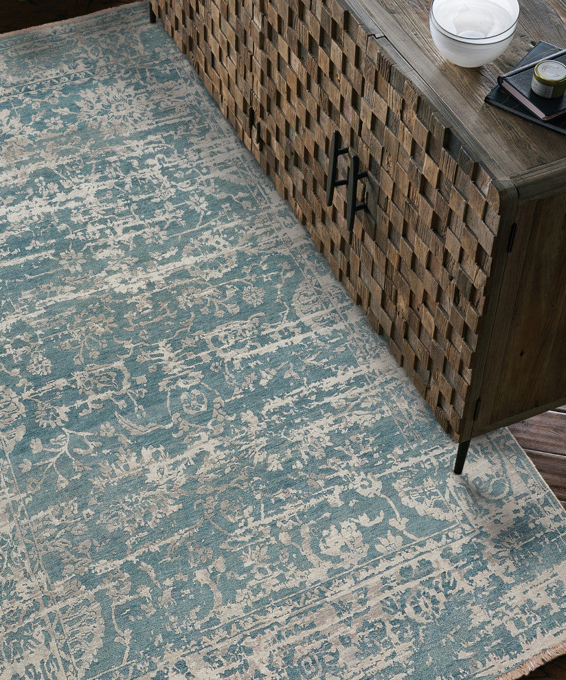 Jain Hand Knotted Area Rug, Medium Blue, 10'x14'