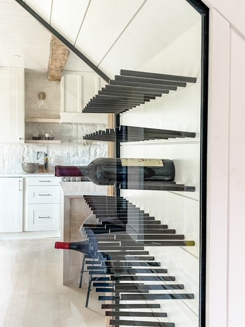 Vino Rails 1 (cork-forward metal wine storage), Milled Aluminum, Drywall Mounting